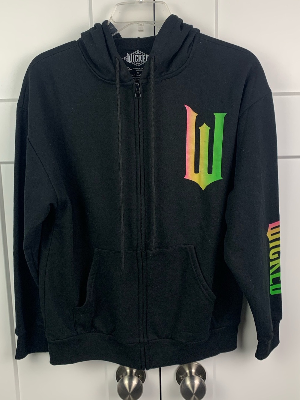 Wicked Glinda & Elphaba Black Long Sleeve Zip Front Hoodie SMALL Musical Sweatsh